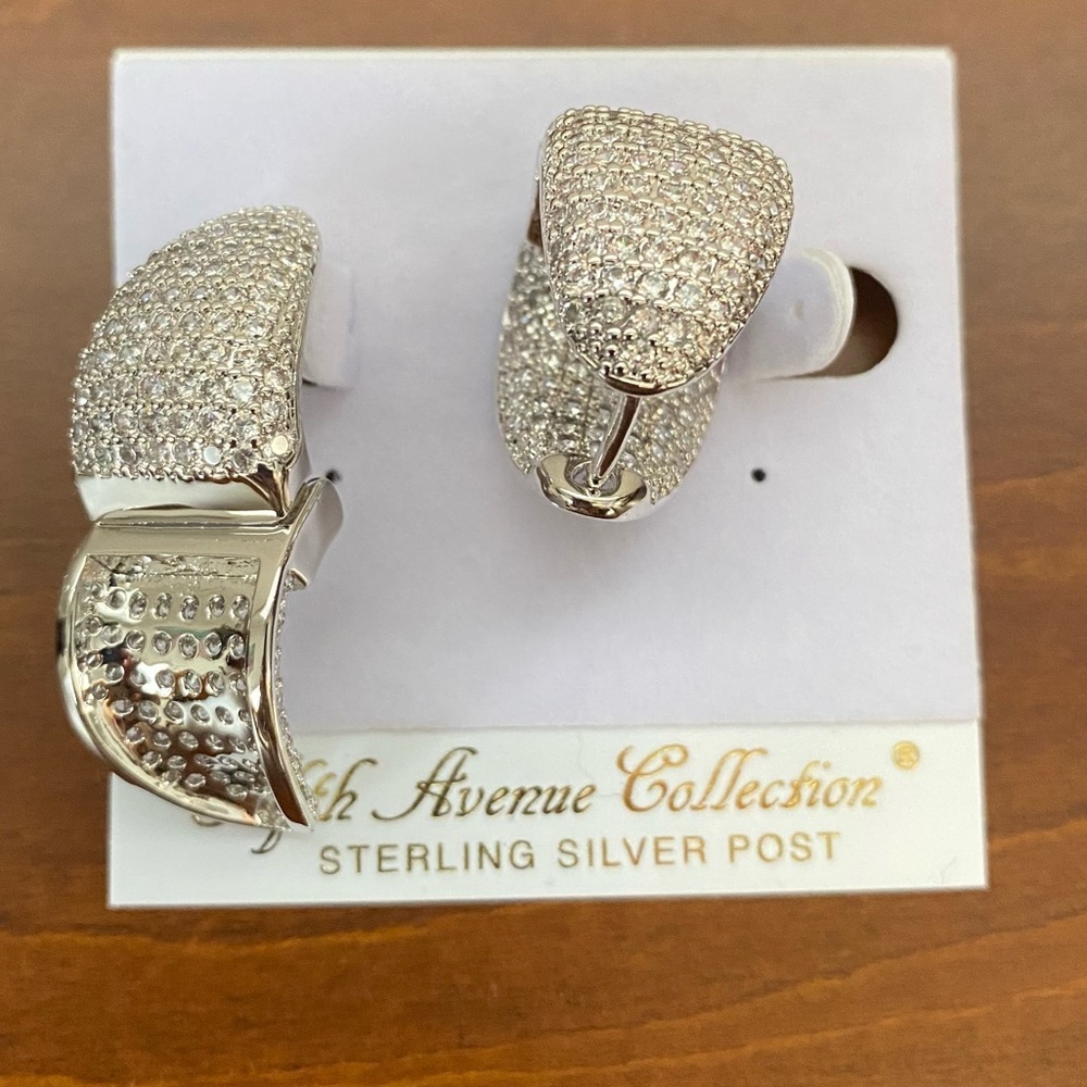 Pave Cubic Zirconia Huggies Style Silver Tone Earrings​​​